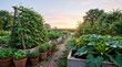 © Hanna Sudnyk - Kitchen garden at summer dawn, raised beds with zucchini and beans, ripe tomatoes, dew drops in first golden light, sunrise sky