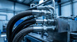 © MumarProject - Industrial hydraulic system with high-pressure hoses and metal fittings close-up.