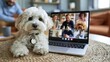 © pisan thailand - A cute dog sits in front of a laptop displaying a video call with multiple people, showcasing a heartwarming virtual gathering.