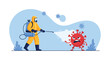 © Sohid - Specialist in a yellow hazmat suit using a sprayer to kill an angry red virus character in a large protective bubble.