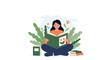 © Engrafix - Young woman sits cross-legged reading an open book surrounded by green botanical plants and beautiful flowers.