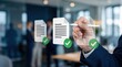 © Erika - Businessman using digital pen to approve documents with green checkmarks on virtual interface