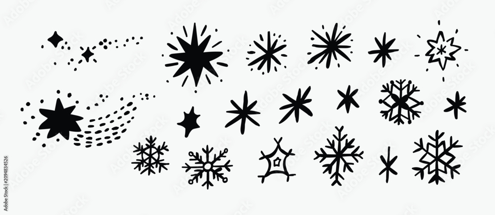 Winter snowflake clipart set with hand drawn doodle snowflakes and ...
