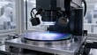 © DigitalSpace - Medium shot of an optical wafer inspection system scanning semiconductor wafers for line width uniformity with bright light and camera sensors in a cleanroom environment.