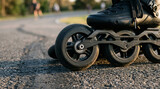 Close up of inline skates wheels rolling on asphalt path during outdoor fitness exercise in the park