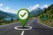 © mila103 - A green location pin stands on the road with a check mark. In the background, mountains and trees are visible. A milestone sign shows that a goal has been reached.