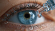 © Olga Ко - Makroaufnahme eines blauen Auges mit einer Glaspipette, die medizinische Augentropfen dosiert. Konzept für Augenheilkunde, Gesundheit und Feuchtigkeitspflege