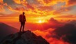 © zhuan - silhouetted hiker with backpack and trekking pole standing on rocky mountain peak watching a vibrant orange sunrise with dramatic clouds, feeling awe and triumph
