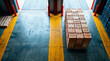 © CK Studio - Warehouse operations with wooden crates stacked on pallet, industrial loading dock floor with yellow safety lines, logistics and supply chain operations