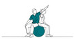 © Dulal - Continuous one line drawing of a physical therapist helping a patient exercise with a blue exercise ball in a clinic for rehabilitation and recovery