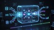 © Peerlessgraph - Futuristic glass cube housing glowing neural pathway architecture processing streams of data packets with floating interface screens in high tech laboratory environment for research.