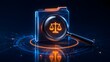 © Aish-Studio - Glowing digital folder analyzed by a magnifying glass revealing a neon scales of justice icon representing e-discovery cyber law and digital forensics