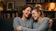 © Masque - A warm mother and daughter sharing a loving moment at home on a cozy sofa.
