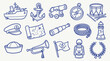 © zainab - Collection of nautical and maritime icons and symbols in a hand-drawn doodle style.