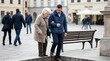 © awake - Generosity kindness between younger man and elderly woman walking together outside