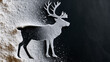 © Aloka - a flat lay composition featuring a reindeer silhouette on a black background. white flour is sprinkled on the left side, with the shape of a standing deer negative carved into it. Ai generated