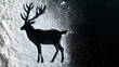 © Aloka - a flat lay composition featuring a reindeer silhouette on a black background. white flour is sprinkled on the left side, with the shape of a standing deer negative carved into it. Ai generated