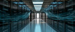 © Kingdola - Futuristic Data Center Corridor: A long, modern data center hallway filled with server racks, illuminated by sleek overhead lights. Swirling digital energy or data streams flow through the corridor.