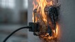© SSP - An electrical outlet is engulfed in flames, showing a dangerous fire hazard from an overloaded or faulty power source.