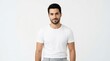 © Image stock - Handsome man in white t-shirt looking at camera with t shirt, portrait