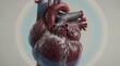 © Worldwide - A digital overlay of a glowing wireframe human heart with vital sign telemetry monitoring screens, viewed in a high-tech operating room with surgical staff in the background.