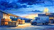 © Umi - Watercolor Illustration of a Truck at a Warehouse at Night
