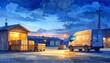 © Umi - Watercolor Illustration of a Warehouse with Trucks at Dusk