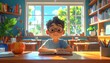 © ariell11 - Enthusiastic Young Boy with Glasses Reading Book in a Bright Classroom Library