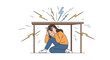 © Lily - Scared woman hiding under a brown wooden table during a heavy thunderstorm with lightning bolts and anxiety signs for phobia concept.