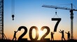 © Btc - Business Team Concept Building New Year 2027 with Crane and Sunset Background Silhouette