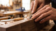 © Amir - Hands carving wood with a chisel as a fresh shaving curls away from the blade