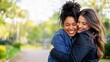 © SerPak - Two women embrace warmly and smile together in a park setting with blurred greenery behind them. The image conveys friendship, affection, and joyful connection between adults.