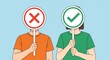 © Space Priest - Two individuals holding signboards with correct and incorrect marks
