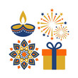 © asisu - Set of flat Diwali festival icons including diya, mandala, fireworks and gift