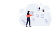© Ultra - Vector illustration of a woman presenting data, charts, and employee profiles on a wall, symbolizing business strategy and analysis.