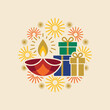 © hilwan - Diwali festival illustration with a burning diya lamp and gift boxes
