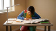 © SIMANG - A young student concentrating on homework at a desk with textbooks and a desk lamp in a well lit indoor setting