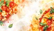© ae95369 - Watercolor Pizza Background with Fresh Basil and Tomatoes, Italian Food Illustration