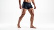 © Thipsuda - Muscular male leg athletic body defined quadriceps strong calf fitness model standing pose healthy lifestyle bare feet sportswear isolated white background