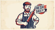 © carglos - A vintage illustration of a smiling baker holding a wooden rolling pin