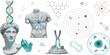 © Md - Abstract science vector set with greek statue head human torso dna helix chromosome chemical molecule atom model solar system and biology cell elements