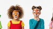 © twilight mist - Two Diverse Young Girls with Creative Tiger and Fox Face Paint Isolated on White Background for Children's Party Concept