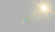 © SharminAkter - Glowing golden white radiant sun in sky with multicolor rainbow optical lens flare shining light beam and bright ray isolated on transparent png for realistic light effect design overlay