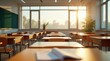 © Leonardo - Aula después del horario escolar, con la luz del sol proyectando largas sombras sobre los pupitres ordenados
