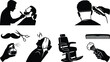© SreeDilip - Barbershop and Grooming Silhouette Icon Set Featuring Haircut Beard Shaving Salon Chair Barber Tools and Accessories