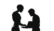 © mian - Robot silhouette assists a human colleague with a laptop computer to visualize the collaboration between artificial intelligence and workers in a futuristic industrial setting focused on digital.