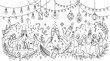 © Three - Group of People Celebrating with Champagne Toast Line Art Illustration.