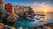 © Amnuay - Colorful houses of a Mediterranean coastal village at sunset.