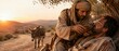© xuxu - Samaritan man helps a wounded traveler, offering water from a leather flask under a tree at sunset with a donkey in the banner format