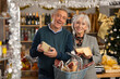 © JackF - While shopping on eve of New Year holidays, elderly couple is interested in cheese. They purchased set of basket products, choose appropriate variety and sort of cheese.